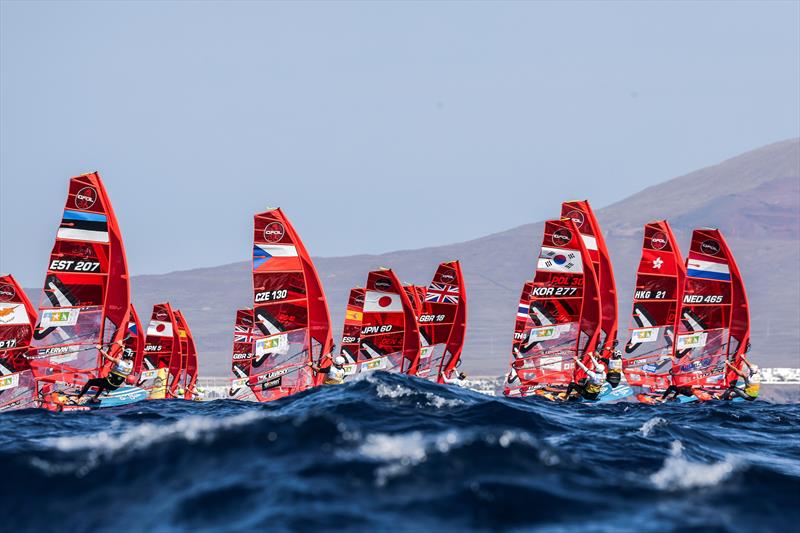 Men's fleet on day 3 of the iQFOiL World Championships in Lanzarote photo copyright Sailing Energy / Marina Rubicón taken at  and featuring the iQFoil class