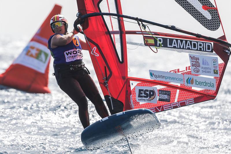 Pilar Lamadrid on day 3 of the iQFOiL World Championships in Lanzarote photo copyright Sailing Energy / Marina Rubicón taken at  and featuring the iQFoil class