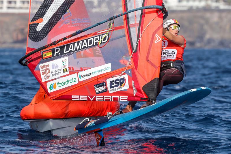 Pilar Lamadrid on day 4 of the iQFOiL World Championships in Lanzarote photo copyright Sailing Energy / Marina Rubicón taken at  and featuring the iQFoil class