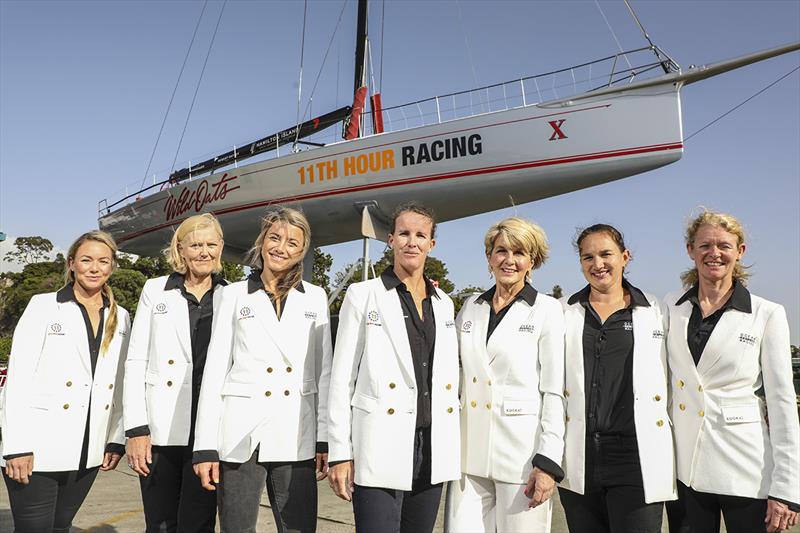 Crew members and the team ambassador gather in front of Wild Oats X in Sydney earlier this morning. From left to right: Jade Cole, Vanessa Dudley, Faraday Brooke Martin, Stacey Jackson, Honorable Julie Bishop, Katie Spithill, and Sue Cafer - photo © Salty Dingo / Ocean Respect Racing
