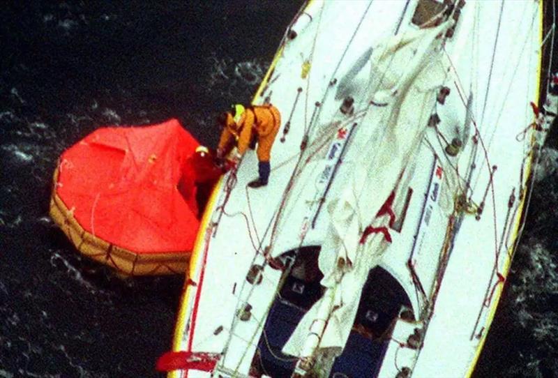 Raphel DInelli about to board his life raft - 1996/97 Vedée Globe - photo © Global Solo Challenge