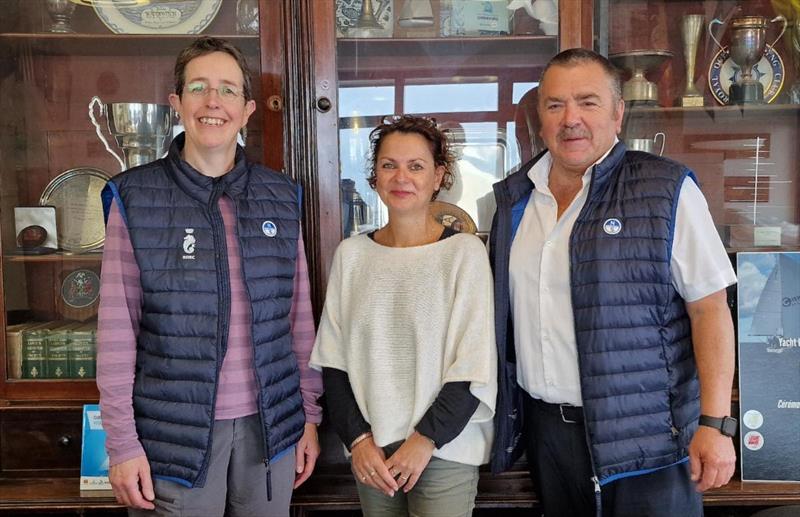 In Cherbourg following the finish of the Lewmar Cherbourg Race from Cowes: Deb Fish - RORC Commodore, Manuela Mahler - President of the Association Arrivée Fastnet Cherbourg, Steve Cole - RFR Race Director photo copyright RORC taken at Royal Ocean Racing Club and featuring the IRC class