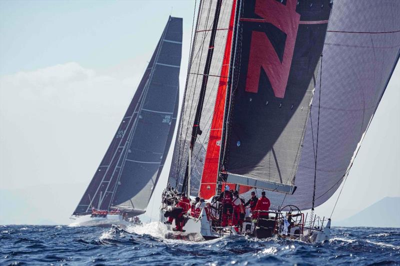 1th RORC Transatlantic Race: Bryon Ehrhart's Juan K 88 Lucky (USA) and Christian Zugel's Volvo 70 Tschüss 2 (USA) head off for their first night at sea - photo © James Mitchell/RORC