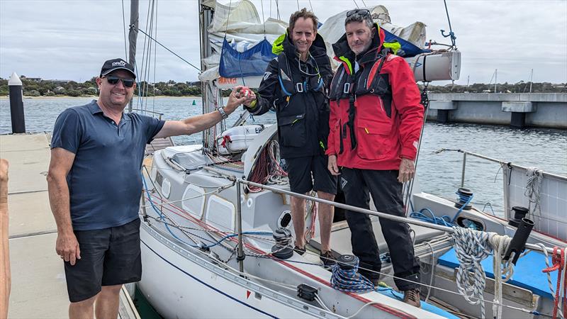 Duty Race Director David Schuller (left) with Curious Roo crew, Neil McKinley (middle) and Peter Garrett (right) Roo photo copyright M2O Media taken at Ocean Racing Club of Victoria and featuring the IRC class