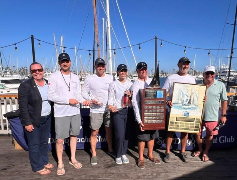 Commodore Alli Bell and Regatta Chair S/C Kyle Clark awarding the winning trophies to Rodney Pimentel and the crew of Azure photo copyright Lisa Bronitt | Ultimate Sailing taken at San Diego Yacht Club and featuring the IRC class
