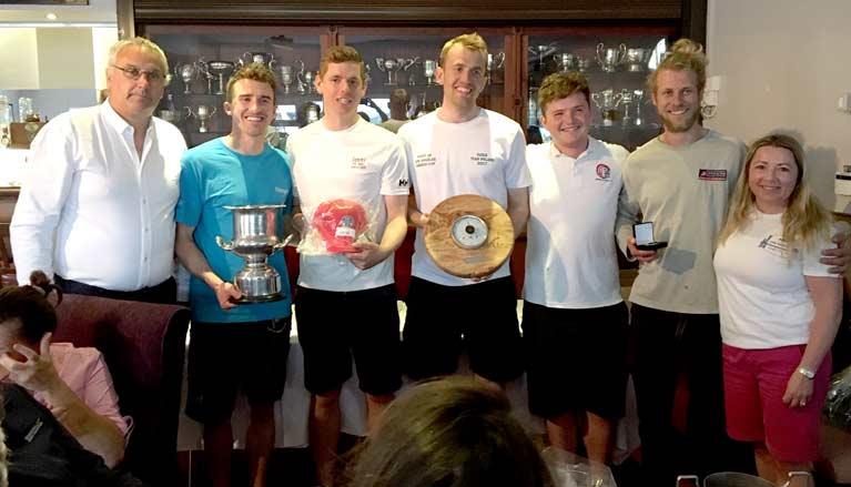 J24 National National Champions Headcase Sam O'Byrne, Cillian Dickson, Marcus Ryan, Ryan Glynn, Louis Mulloy. The Commodore of Lough Erne Yacht Club John Carton and Head of the Organising Committee June Clarke are pictured at either end photo copyright Martin Denneny taken at Lough Erne Yacht Club and featuring the J/24 class