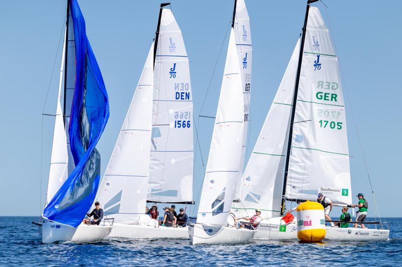 Danish sailor Sten Mohr (1566) was still battling for position with his J/70 crew at the windward mark but emerged victorious in the opening race of Kieler Woche - photo © Christian Beeck / Kieler Woche 2026