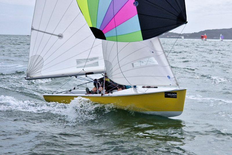 Howard Enkel and Danni Tebbutt three-sail across the finish line - Kestrel National Championships at Mumbles photo copyright Richard Woffinden taken at Mumbles Yacht Club and featuring the Kestrel class