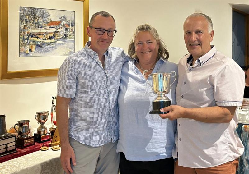 Kestrel Nationals 2024 at Royal Tay - UK 2024 Championship crew Richard Harper (l) and helm Malcolm Worsley (r) with retiring class chair Liz Le Mare photo copyright Bremner taken at Royal Tay Yacht Club and featuring the Kestrel class