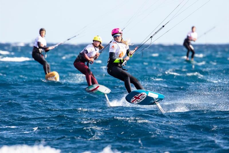 Ellie Aldridge (GBR) (right) gained a bit of breathing room ahead of Julia Damasiewicz (POL) (left) in the overall rankings today following a protest in Race 2 - Gran Canaria KiteFoil Open European Championships 2020, Day 1 photo copyright IKA / Alex Schwarz taken at  and featuring the Kiteboarding class