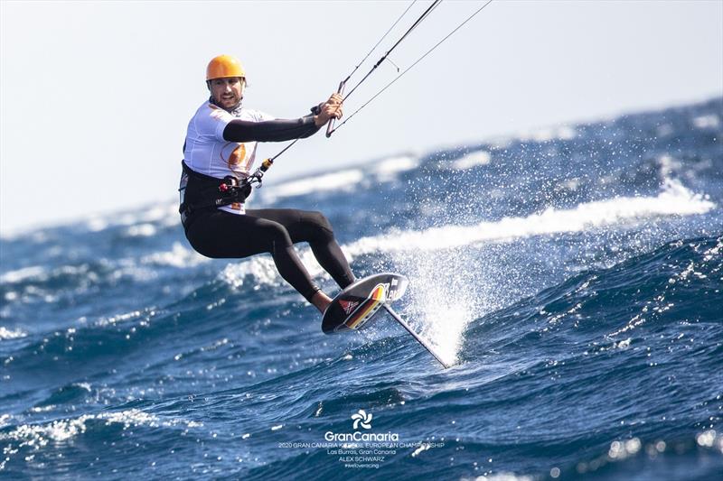 Florian Gruber (GER) in his unmistakable orange helmet, flys downwind at speeds around 40 knots - 2020 Gran Canaria KiteFoil Open European Championships photo copyright IKA Media / Alex Schwarz taken at  and featuring the Kiteboarding class