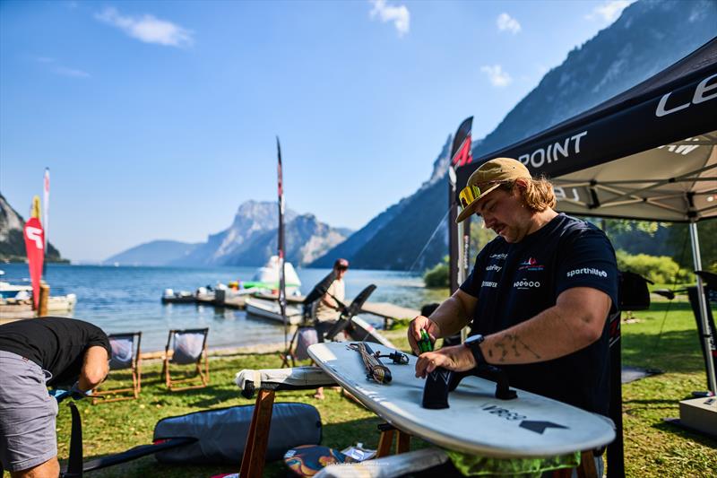 Valentin Bontus working on his new equipment - 2024 KiteFoil World Series Austria day 1 - photo © IKA Media / Robert Hajduk