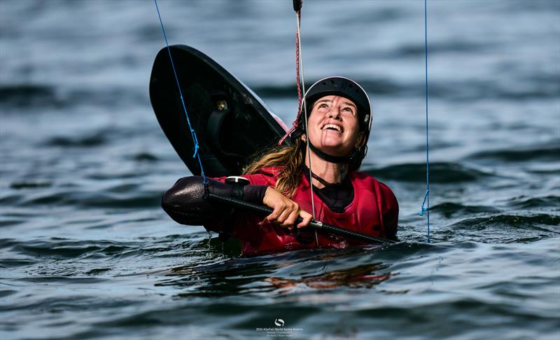 Gal Zukerman sinks into the water and lets slip a critical race lead - 2024 KiteFoil World Series Austria - photo © IKA Media / Robert Hajduk