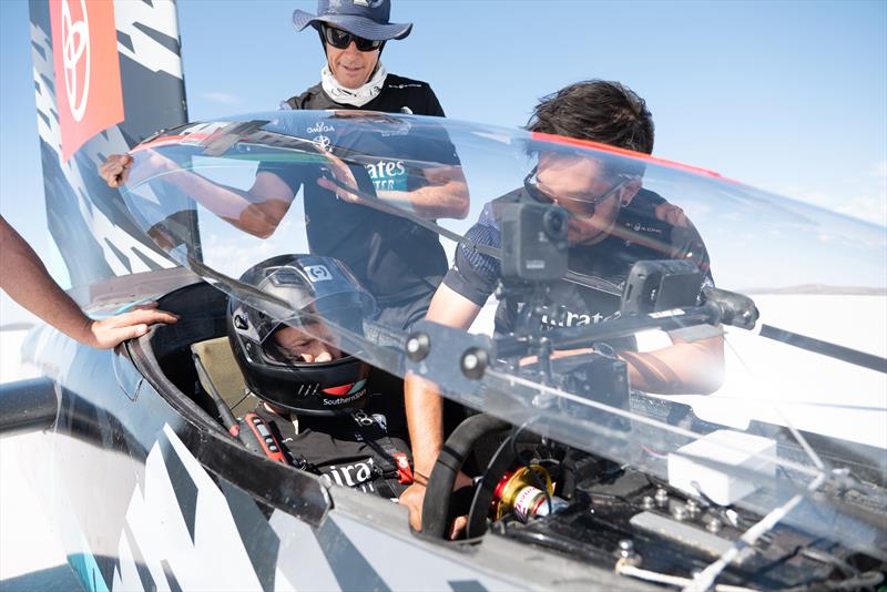 Glenn Ashby with `Horonuku` Emirates Team New Zealand's wind powered land speed World Record land yacht attempt at South Australia's Lake Gairdner photo copyright Emirates Team NZ / James Somerset taken at Royal New Zealand Yacht Squadron and featuring the Land Yacht class