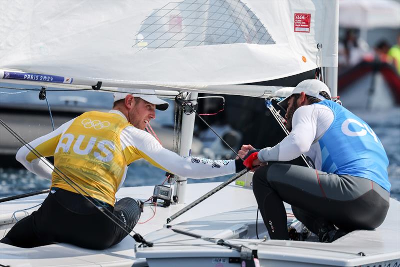 Matt Wearn (AUS) and Pavlos Kontides (CYP) after the Men's Dinghy Medal Race in Marseille at the Paris 2024 Olympic Regatta - photo © World Sailing / Sander van der Borch