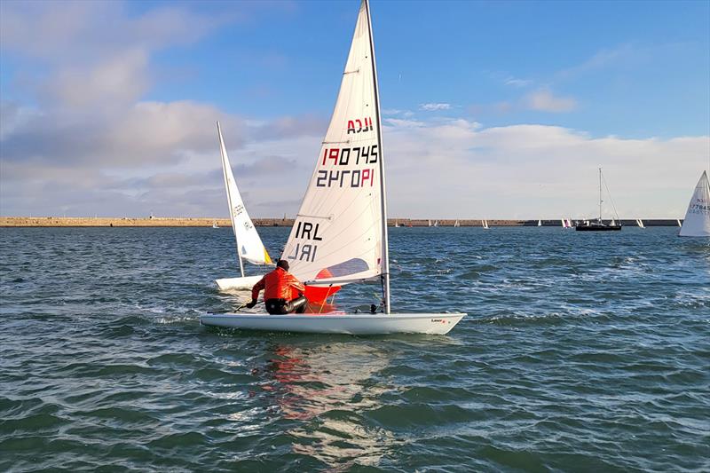 The happiest man afloat, Conor O'Leary, rounds the weather mark - Viking Marine Dun Laoghaire Frostbites week 1 photo copyright Ian Cutliffe taken at Dun Laoghaire Motor Yacht Club and featuring the ILCA 7 class