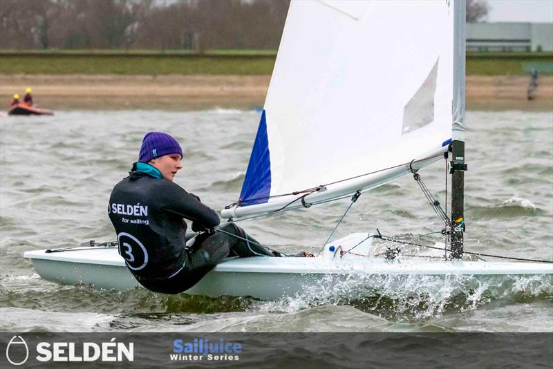 Maddie Childs during the Seldén SailJuice Winter Series GJW Direct Bloody Mary photo copyright Tim Olin / www.olinphoto.co.uk taken at Queen Mary Sailing Club and featuring the ILCA 6 class