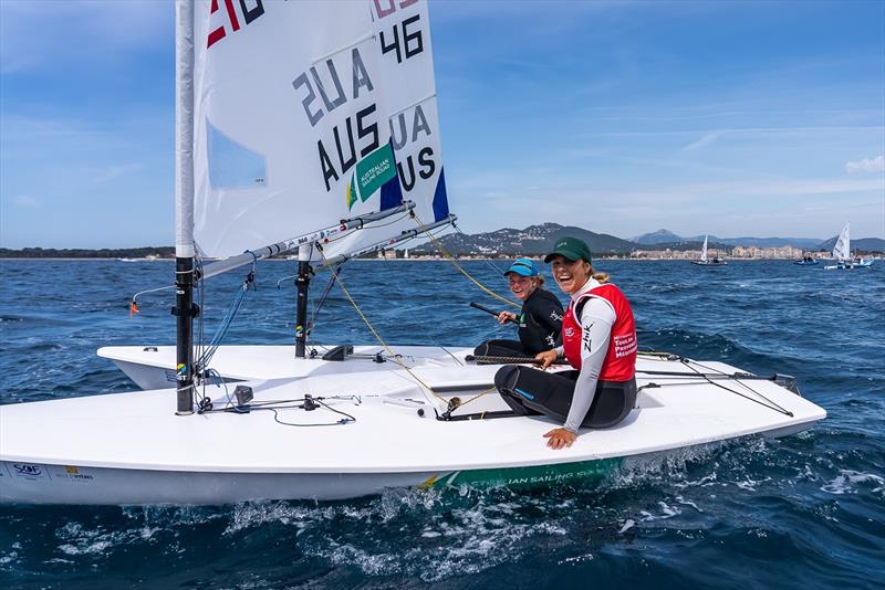 Friends Mara Stransky (elft) and Casey Imeneo celebrate their Medal Race results -  2023 Hyeres Regatta - photo © Beau Outteridge / Australian Sailing Team