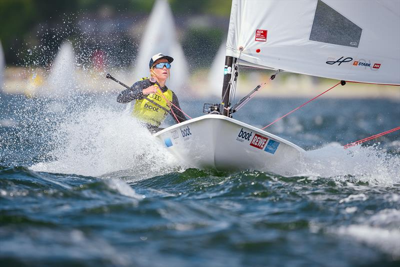 Monika Mikkola from Finland is a prime example of endurance, although she lost the overall leader's yellow jersey in ILCA 6 due to a capsize photo copyright Sascha Klahn taken at Kieler Yacht Club and featuring the ILCA 6 class