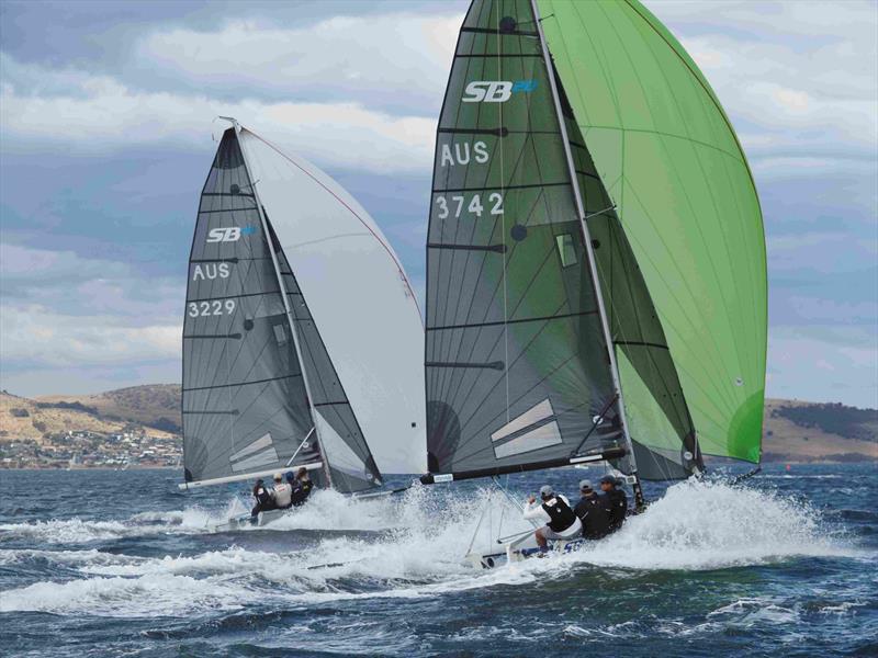 Big Ted (Emma Maertens) and Silver Gull (Scott Glanville) fight it out downwind during the SB20 Australian Championship at Bellerive photo copyright Jane Austin taken at Bellerive Yacht Club and featuring the SB20 class