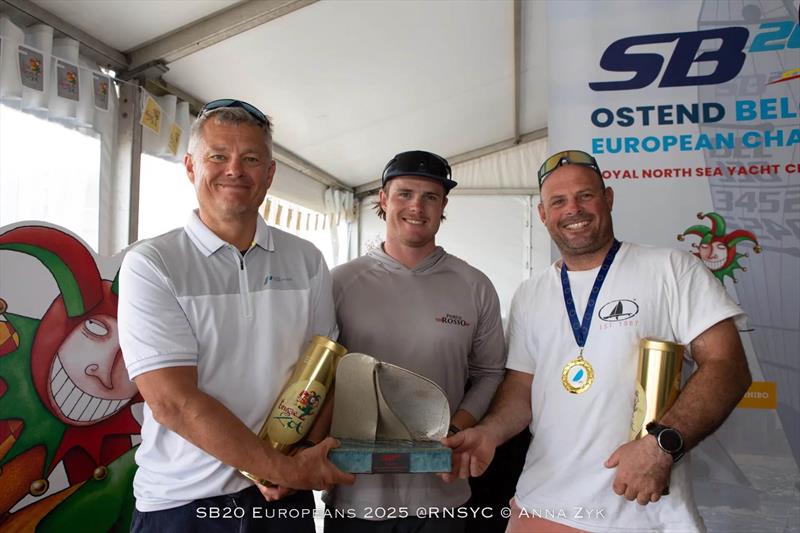 Team Desert Eagle on the podium during the SB20 Europeans 2025 in Ostend, Belgium Prize Giving photo copyright Anna Zyk taken at Royal North Sea Yacht Club and featuring the SB20 class