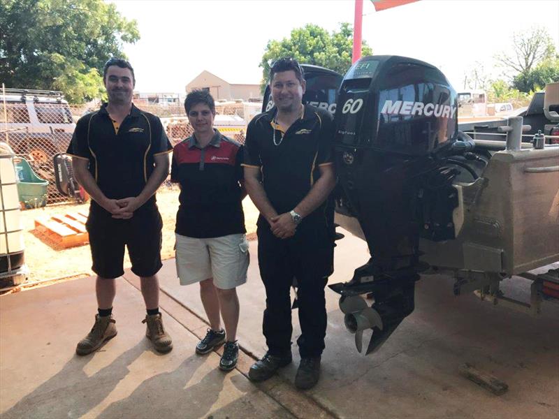 Cory Woodward (l) and Nelson Jeffs (r) with Mercury Marine's W.A. Manager, Noula Evagelelis photo copyright Mercury Marine taken at  and featuring the Marine Industry class