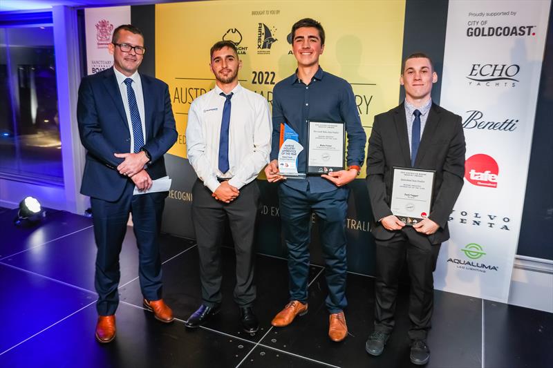 Blake Frazer, Onboard Engineering presented with a 2022 Australian Marine Industry Award by Simon Hislop, TAFE QLD and last year's ‘Apprentice of The Year' award-winner Robert Smith, Superior Jetties - photo © Salty Dingo
