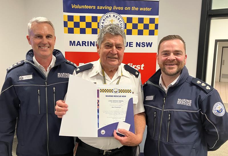 L to R - Marine Rescue NSW Commissioner Todd Andrews - Noel Parkinson and Marine Rescue Botany Port Hacking Unit Commander Aaron Blackwell - photo © Marine Rescue NSW