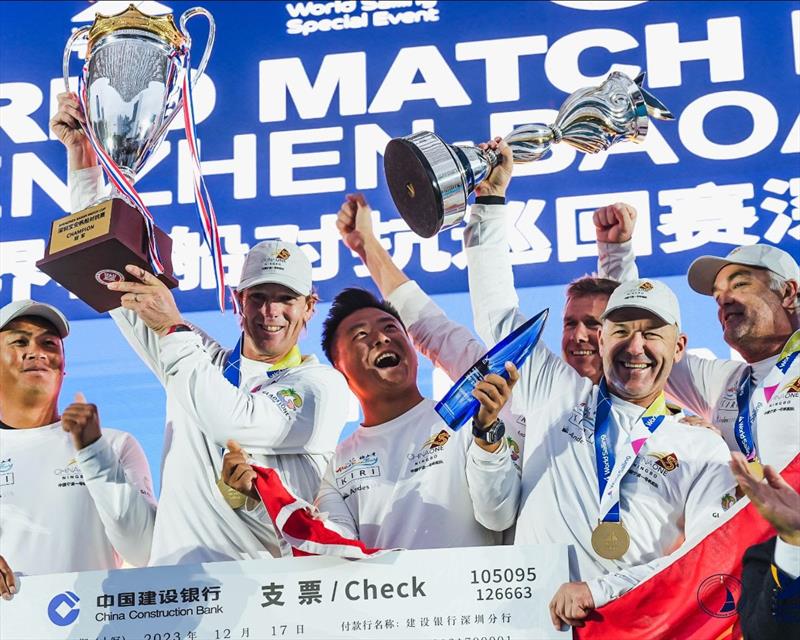 Ian Williams, GBR (ChinaOne.Ningbo)second from left winning his seventh Match Racing World Championship title at the WMRT Final Shenzhen Baoan, China in December 2023 - photo © WMRT