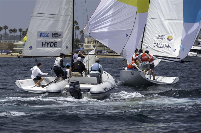 Josh Hyde (NZL) and crew Tom Pilkington, Zach Fong, and Cody Coughlan - Justin Callahan (USA) and crew Trevor Davis, Micheala O'Brien, and Spencer Kreigstein - 57th Governor's Cup photo copyright Tom Walker taken at Balboa Yacht Club and featuring the Match Racing class