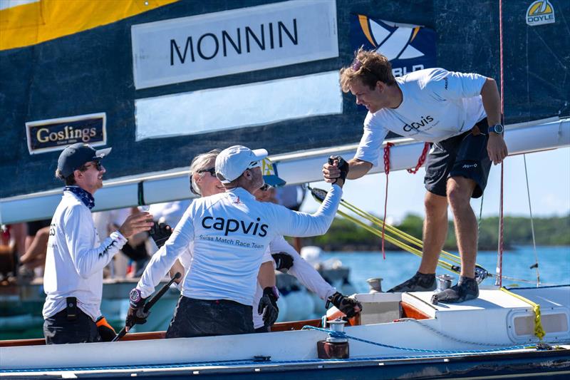 Eric Monnin congratulating his crew after their semi-final win at the Bermuda Gold Cup - photo © Ian Roman / WMRT