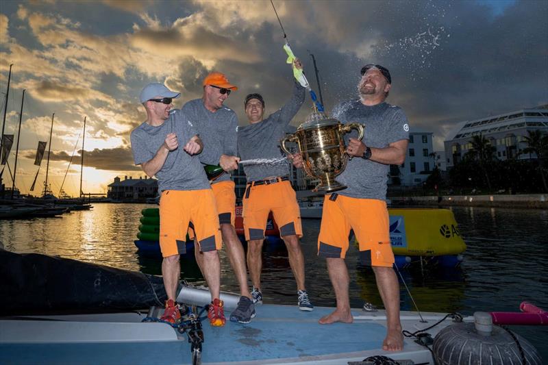 A jubilant Berntsson Sailing Team of Johnie Berntsson, Herman Andersson, Oscar Angervall and Björn Lundgren lifting the King Edward VII Gold Cup for the fourth time - photo © Ian Roman / WMRT