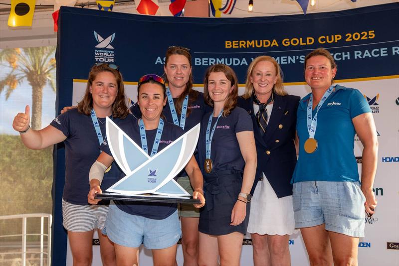 2025 Bermuda Gold Cup - 025 Overall Women's World Match Racing Tour Champions Match in Pink by Normandy Elite Team (from left to right Louise Acker, Pauline Courtois, Laurane Mettraux, Maelenn Lemaitre, Rebecca Roberts/ RBYC Commodore, Claire Pruvot) photo copyright Ian Roman / WMRT taken at Royal Bermuda Yacht Club and featuring the Match Racing class