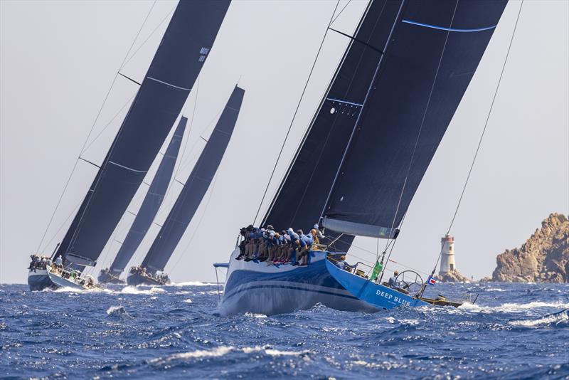 Wendy Schmidt's 80ft Deep Blue chases Maxi A out of 'Bomb Alley' - Maxi Yacht Rolex Cup 2023 photo copyright IMA / Studio Borlenghi taken at Yacht Club Costa Smeralda and featuring the Maxi class