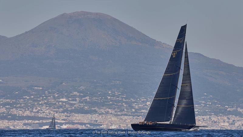 V with Mount Vesuvius in the background photo copyright Tre Golfi Sailing Week / Studio Borlenghi taken at Circolo del Remo e della Vela Italia and featuring the Maxi class