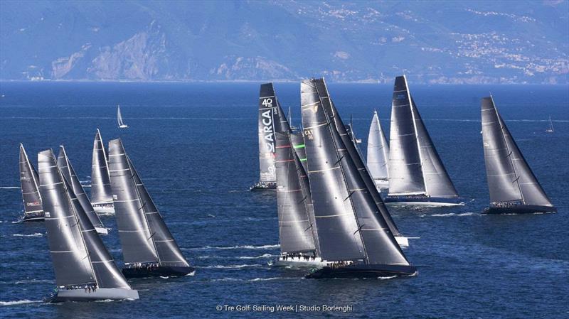 The Regata dei Tre Golfi maxi fleet sets sail from Naples on the 69th Regata dei Tre Golfi, the opening part of the 2024 IMA Maxi European Championship photo copyright Tre Golfi Sailing Week / Studio Borlenghi taken at Circolo del Remo e della Vela Italia and featuring the Maxi class