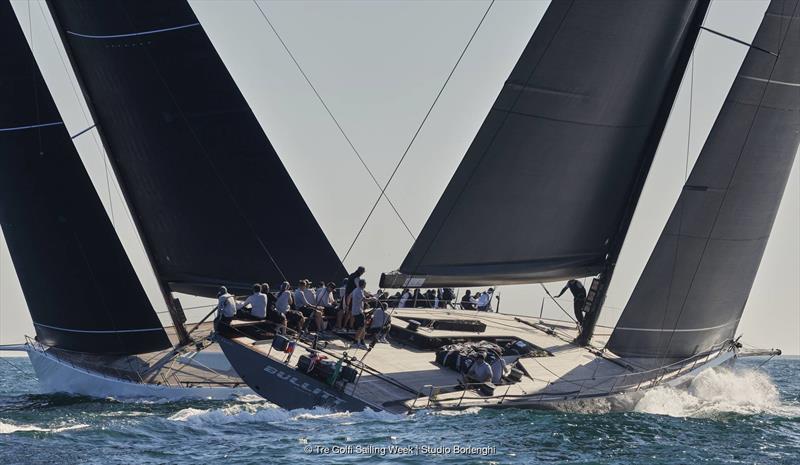 Chris Flowers' Galateia crosses ahead of Andrea Recordati's Wally 93 Bullitt photo copyright Tre Golfi Sailing Week / Studio Borlenghi taken at Circolo del Remo e della Vela Italia and featuring the Maxi class