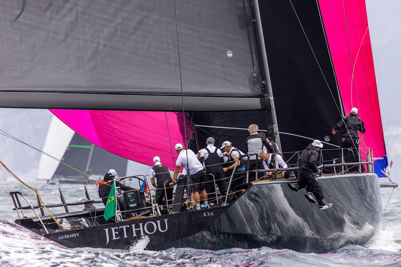 Sir Peter Ogden's 77ft Jethou with her characteristic fuchsia spinnaker on day 2 of the IMA Maxi Europeans photo copyright IMA / Studio Borlenghi  taken at Circolo del Remo e della Vela Italia and featuring the Maxi class