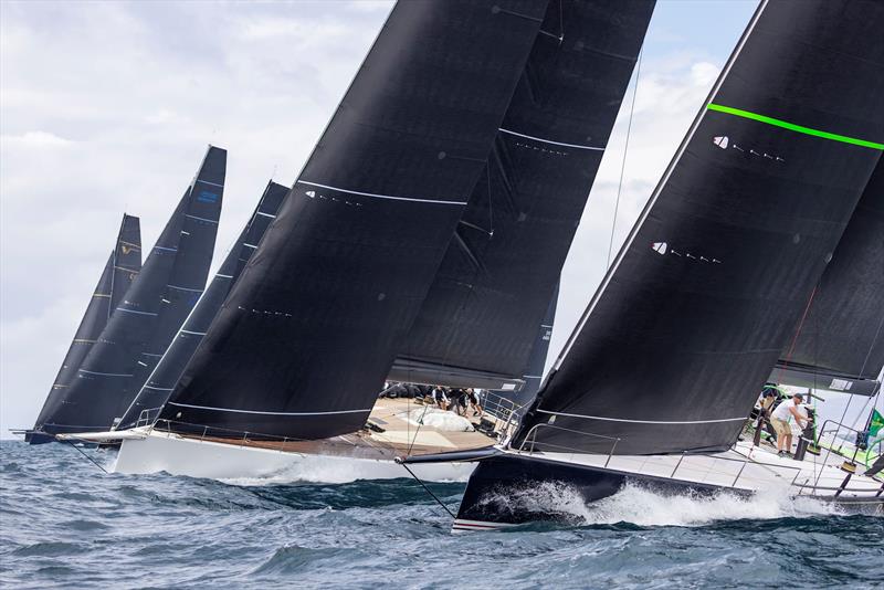 Bella Mente wins the pin but with the giant Galateia to weather of her at the start of race two on day 2 of the IMA Maxi Europeans photo copyright IMA / Studio Borlenghi  taken at Circolo del Remo e della Vela Italia and featuring the Maxi class