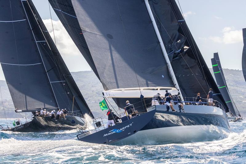 The 100ft Magic Carpet Cubed versus the 77ft Jethou on day 3 of the IMA Maxi Europeans photo copyright IMA / Studio Borlenghi  taken at Circolo del Remo e della Vela Italia and featuring the Maxi class