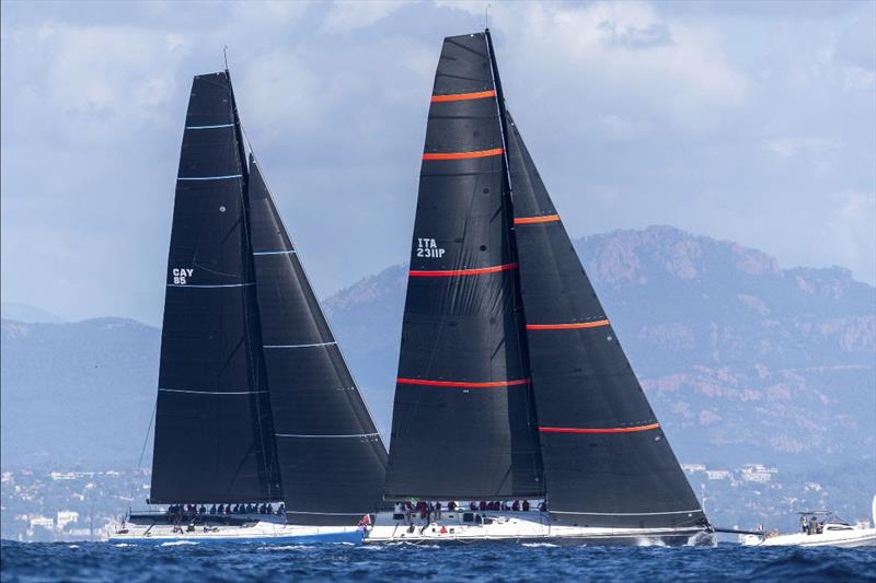 Wendy Schmidt's 85ft Deep Blue lines up with Pier Luigi Loro Piana's ClubSwan 80 My Song photo copyright Gilles Martin-Raget taken at Yacht Club Costa Smeralda and featuring the Maxi class