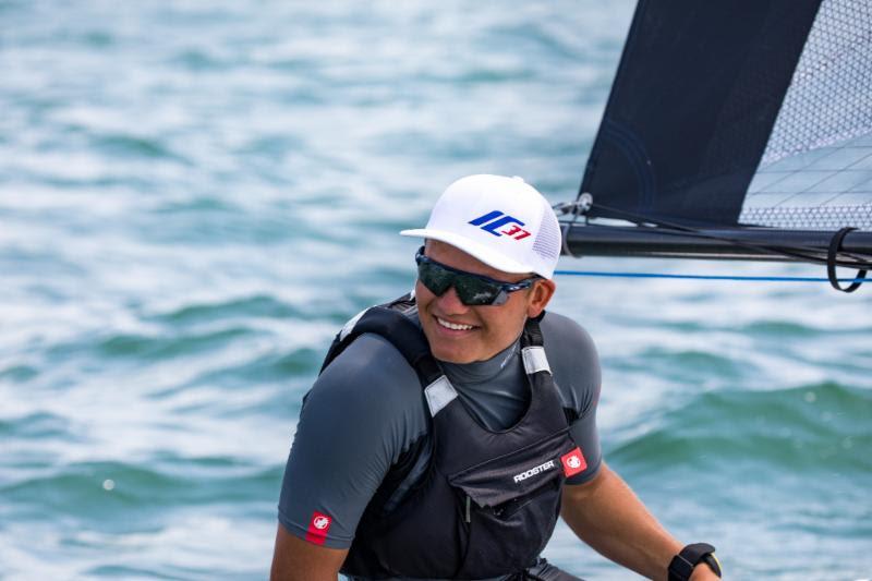 Harry Melges IV greets Eddie Cox and Chapman Petersen just after the final race - 2018 Melges 14 U.S. National Championship - photo © Melges 14