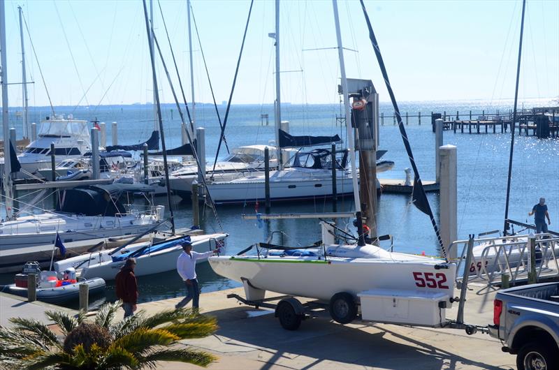 The Pensacola Bay racing area is just minutes from the Pensacola Yacht Club marina. Mike Spurgeon and crew prep Comin' Hot for splashdown for Friday's paracice at the 2019 Melges 24 Bushwhacker Cup. - photo © Talbot Wilson