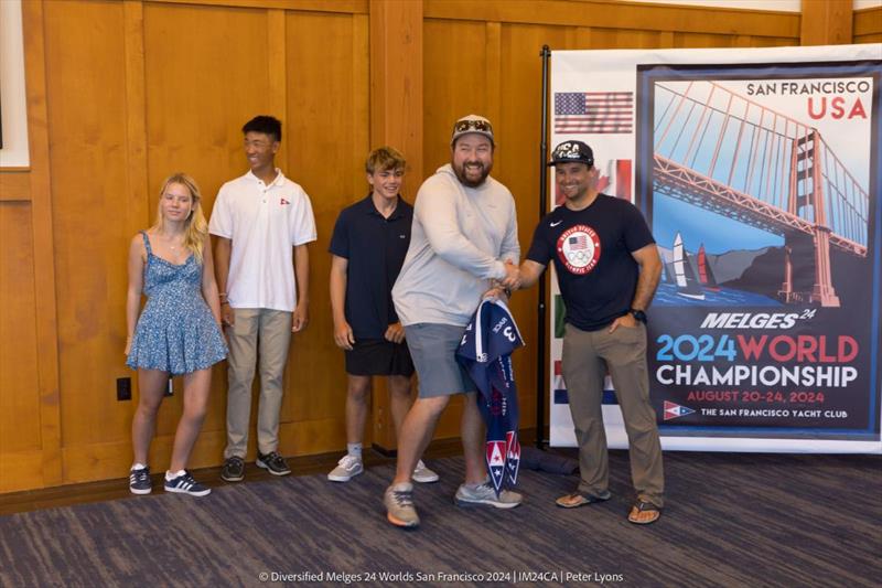 David Liebenberg of the Paris 2024 US Sailing Team (Nacra 17) congratulating team CONVEXITY's coach Michael Rehe - 2024 Diversified Melges 24 Worlds 2024 San Francisco photo copyright Peter Lyons taken at San Francisco Yacht Club and featuring the Melges 24 class