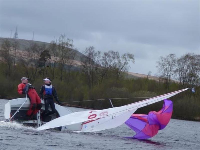 Ian & Lochlyn capsize during the 2026 Miracle Northern Area Championship & Miracle Youth & Junior National Championships at Delph Sailing Club - photo © Poppy Haslam