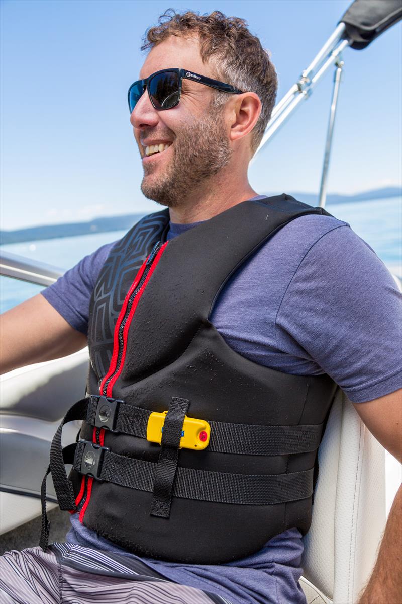While their cost is greater than traditional cutoff lanyards, wireless engine cutoff switches (ECOS) eliminate the lanyard, potentially making them easier to wear photo copyright National Safe Boating Council taken at 