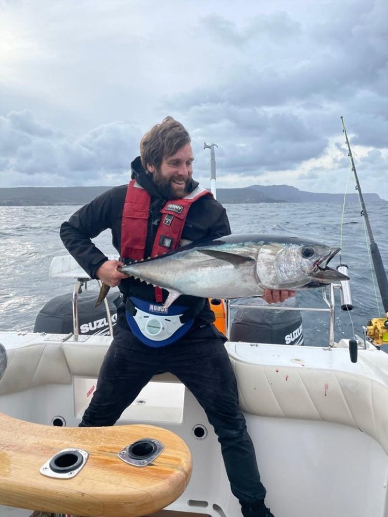 Sam Shelley dusted off the gold box to snare this schoolie from a sloppy Dart Bank on Tuesday photo copyright Spot On Fishing Hobart taken at 