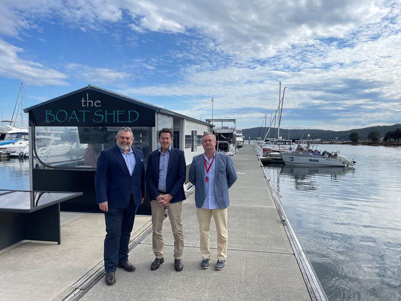 Minister Anderson (centre) with Boating Industry Association director Darren Vaux (left) and Soldiers Point Marina general manager Darrell Barnett (right) at Soldiers Point Marina at Port Stephens - photo © Boating Industry Association
