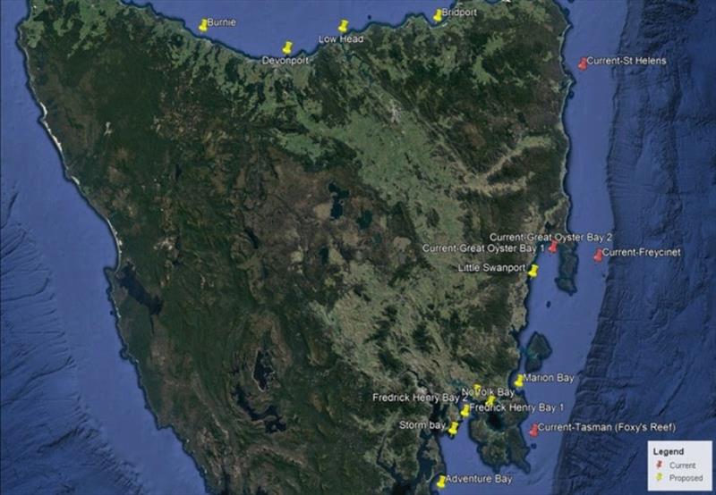 The map shows the current (red pins) and proposed (yellow pins) FAD locations - photo © TARFish