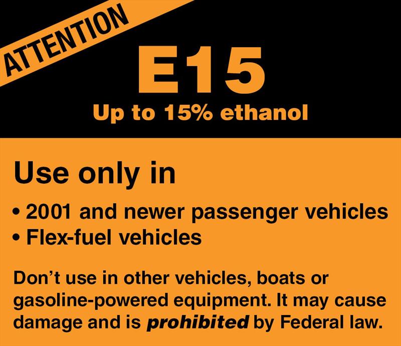 Pumps dispensing E15 can be poorly marked, with this warning label not always easy to see. Be sure to look for it to avoid this fuel, which can be harmful to boat engines – and illegal to use photo copyright BoatUS taken at 